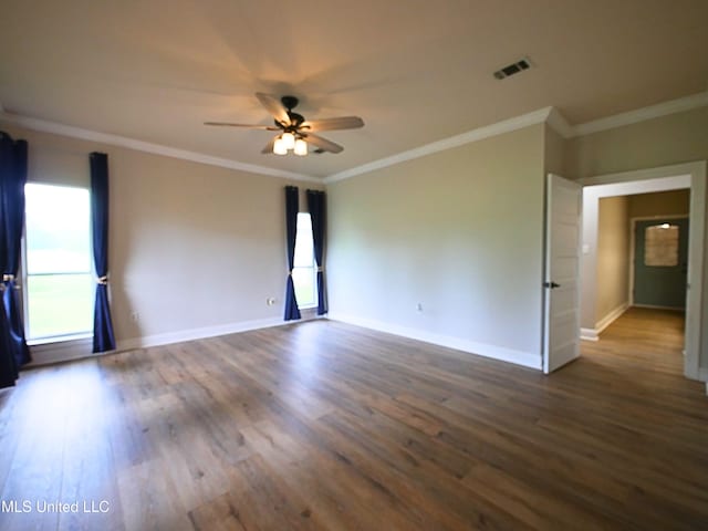 6936 Aulena Pl, Diamondhead, MS 39525 - unfurnished room featuring a ceiling fan, dark wood-type flooring, and ornamental molding