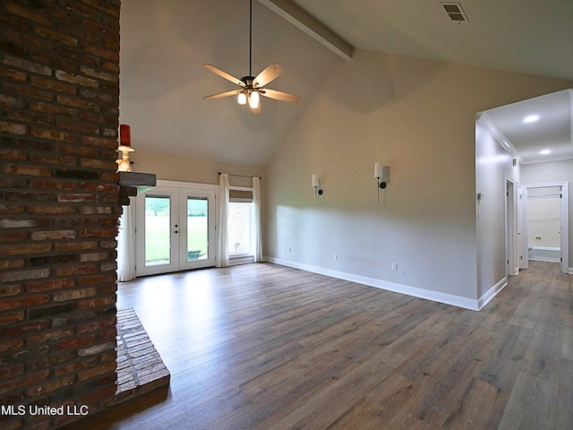 6936 Aulena Pl, Diamondhead, MS 39525 - unfurnished living room featuring ceiling fan, wood finished floors, beamed ceiling, french doors, and high vaulted ceiling