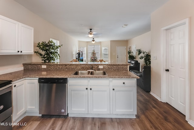 kitchen with white cabinetry, stainless steel appliances, dark wood-type flooring, and sink