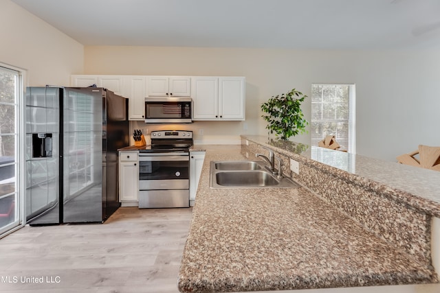 kitchen featuring kitchen peninsula, sink, white cabinets, appliances with stainless steel finishes, and light hardwood / wood-style floors