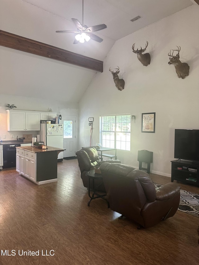 living room with high vaulted ceiling, dark wood-type flooring, beamed ceiling, ceiling fan, and baseboards