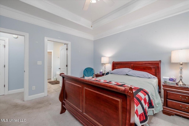 3753 Kenton Dr, Southaven, MS 38672 - bedroom with light carpet, crown molding, baseboards, and a ceiling fan