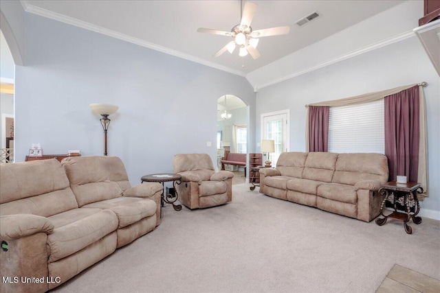 3753 Kenton Dr, Southaven, MS 38672 - living room featuring arched walkways, carpet flooring, ceiling fan, and crown molding
