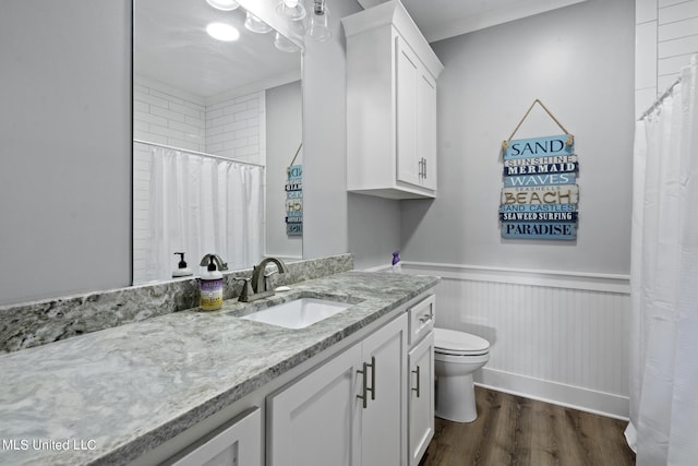 bathroom featuring vanity, toilet, wood-type flooring, and walk in shower