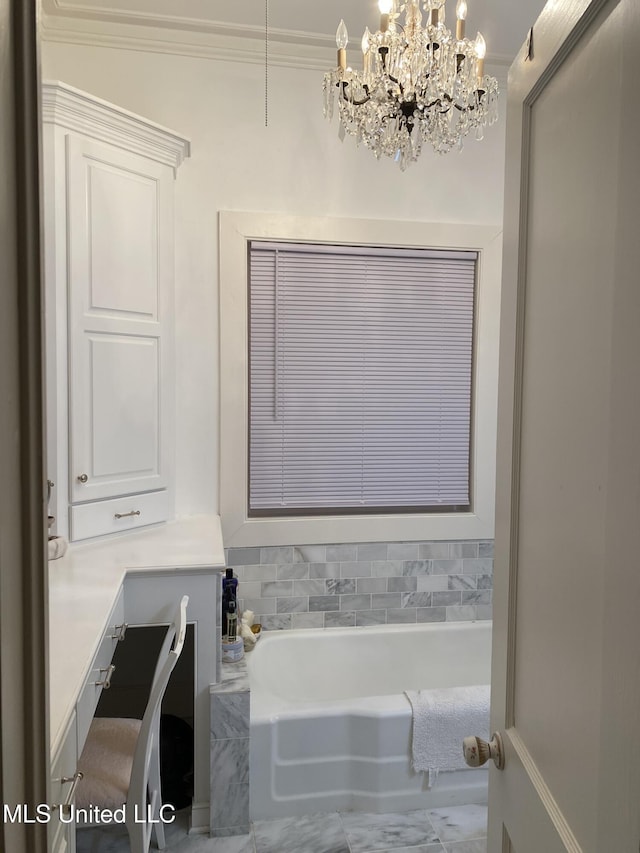 full bathroom featuring marble finish floor, ornamental molding, and a garden tub