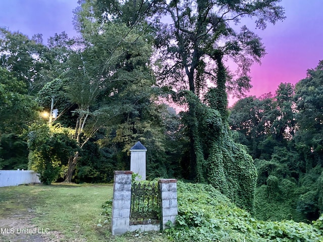 yard at dusk featuring fence