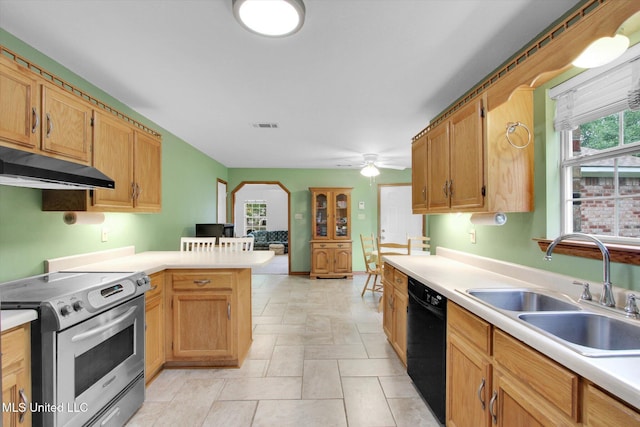 8809 Old Walnut Rd, Ocean Springs, MS 39564 - kitchen with electric stove, under cabinet range hood, dishwasher, a sink, and light countertops