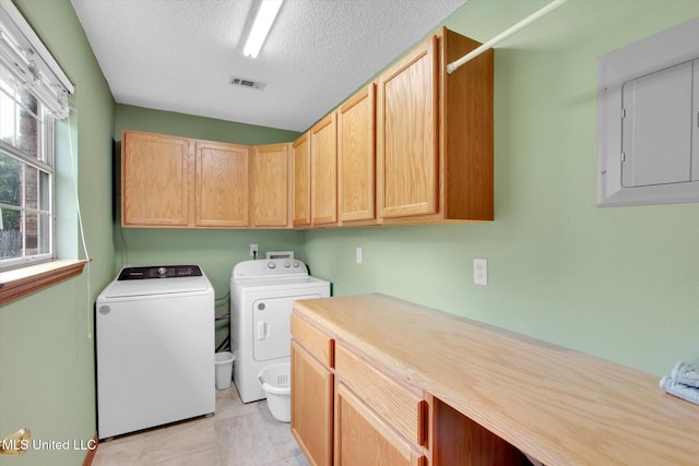 8809 Old Walnut Rd, Ocean Springs, MS 39564 - washroom featuring electric panel, cabinet space, separate washer and dryer, and a textured ceiling