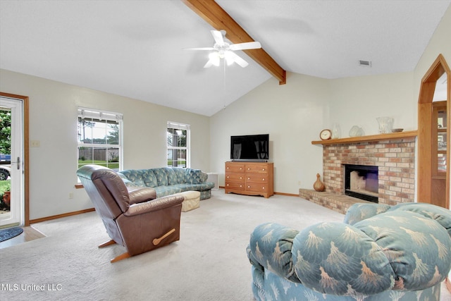 8809 Old Walnut Rd, Ocean Springs, MS 39564 - carpeted living area featuring a brick fireplace, baseboards, and a ceiling fan