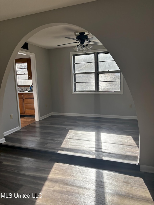 interior space featuring ceiling fan, sink, and dark hardwood / wood-style floors