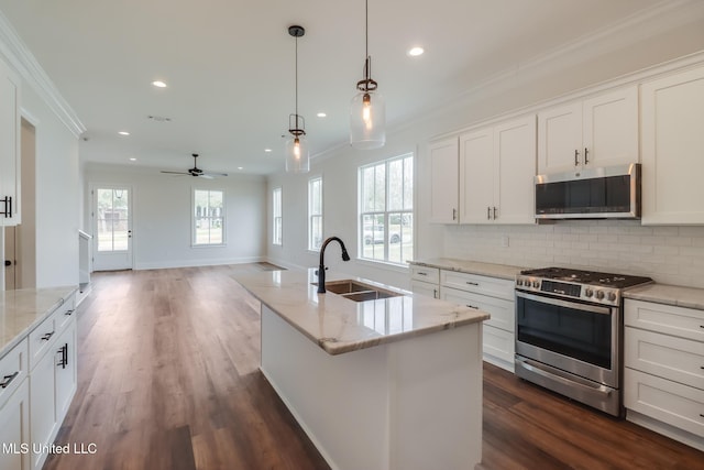 kitchen featuring decorative backsplash, ornamental molding, stainless steel appliances, and a sink