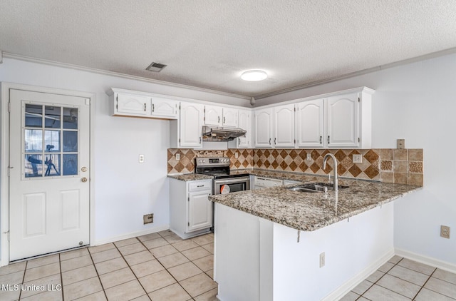 kitchen featuring stone counters, white cabinets, sink, decorative backsplash, and a textured ceiling