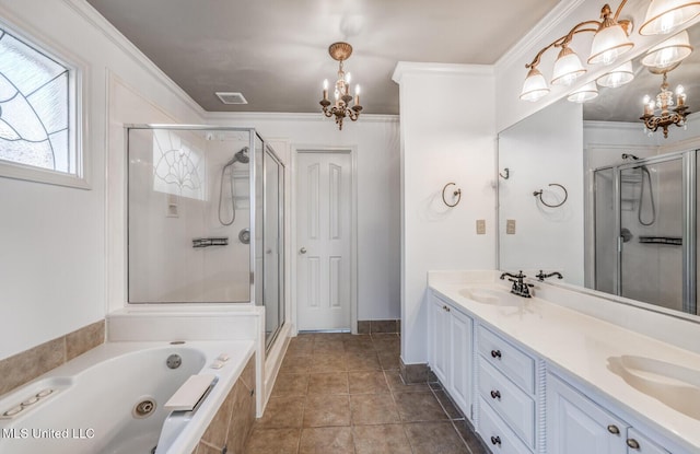 bathroom with vanity, separate shower and tub, an inviting chandelier, and ornamental molding