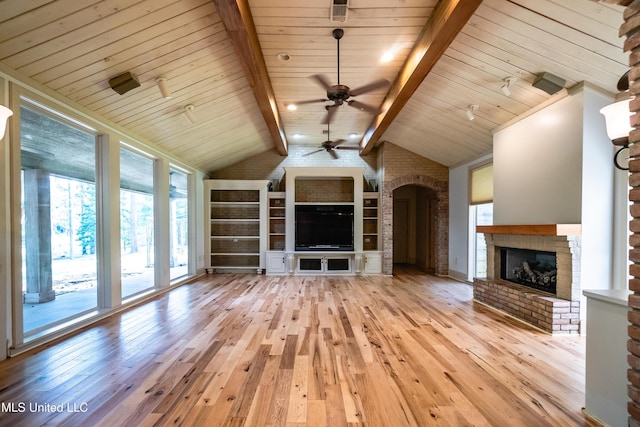 6147 Wirtz Rd, Flowood, MS 39232 - unfurnished living room featuring light wood-style floors, a brick fireplace, and ceiling fan