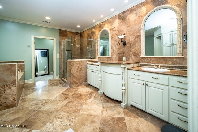 6147 Wirtz Rd, Flowood, MS 39232 - bathroom with crown molding, a stall shower, two vanities, a bath, and recessed lighting