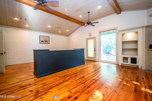 6147 Wirtz Rd, Flowood, MS 39232 - unfurnished living room featuring a ceiling fan, brick wall, light wood-style flooring, recessed lighting, and built in features
