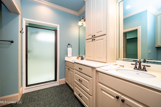 6147 Wirtz Rd, Flowood, MS 39232 - full bathroom featuring ornamental molding, double vanity, and a stall shower