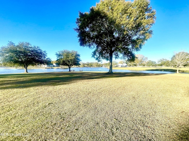 view of property's community featuring a yard and a water view