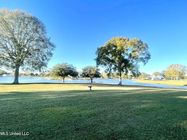 view of property's community featuring a lawn and a water view