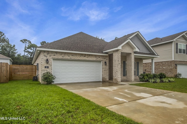 view of front of property featuring fence, concrete driveway, a front lawn, a garage, and board and batten siding