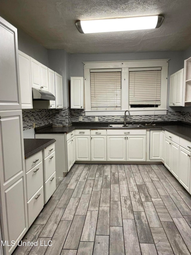 kitchen featuring decorative backsplash, light hardwood / wood-style floors, white cabinetry, and sink