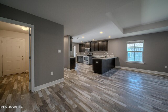13724 Fox Hill Dr, Gulfport, MS 39503 - kitchen featuring appliances with stainless steel finishes, a sink, wood finished floors, baseboards, and a peninsula