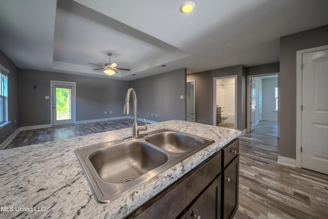 13724 Fox Hill Dr, Gulfport, MS 39503 - kitchen with a sink, wood finished floors, a tray ceiling, and baseboards