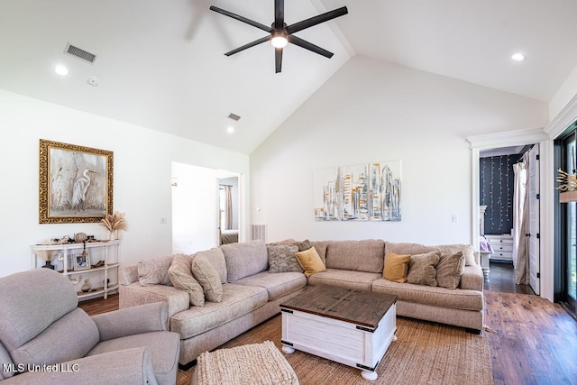 29 Club Dr, Natchez, MS 39120 - living room featuring visible vents, high vaulted ceiling, wood finished floors, and ceiling fan