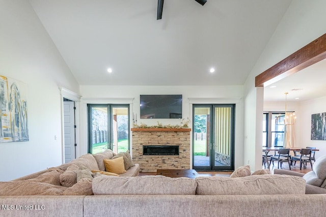 29 Club Dr, Natchez, MS 39120 - living room with high vaulted ceiling, a fireplace, wood finished floors, and recessed lighting