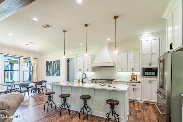 29 Club Dr, Natchez, MS 39120 - kitchen with backsplash, dark wood-style floors, visible vents, stainless steel appliances, and custom range hood