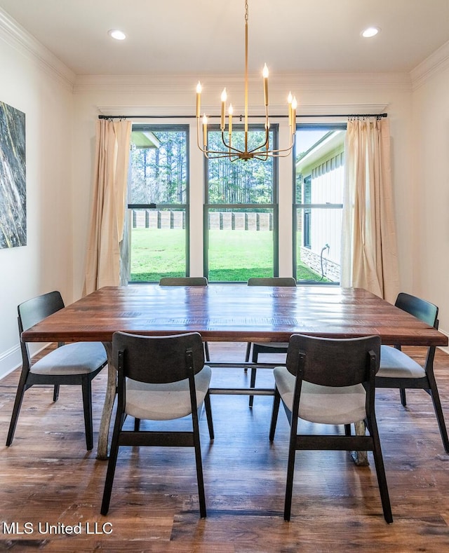 29 Club Dr, Natchez, MS 39120 - dining space featuring ornamental molding, wood finished floors, a chandelier, and recessed lighting