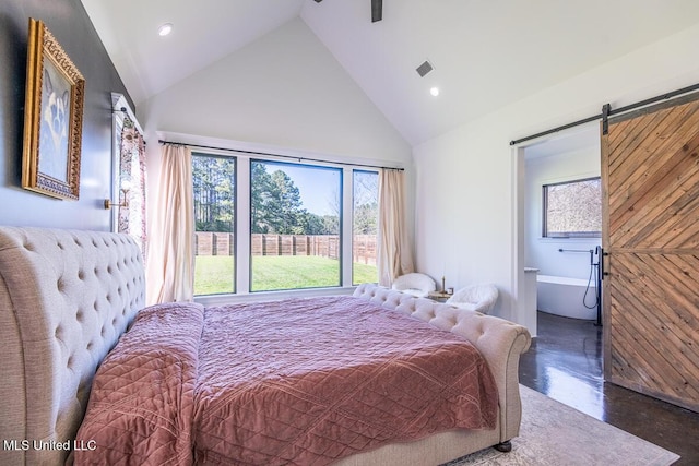 29 Club Dr, Natchez, MS 39120 - bedroom with concrete flooring, recessed lighting, high vaulted ceiling, a barn door, and visible vents
