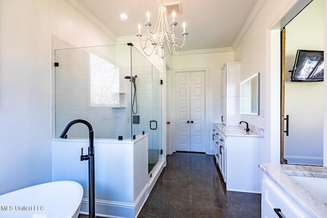 29 Club Dr, Natchez, MS 39120 - full bath with a stall shower, a notable chandelier, two vanities, a soaking tub, and ornamental molding