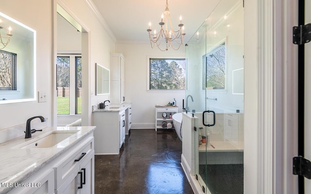 29 Club Dr, Natchez, MS 39120 - bathroom featuring concrete flooring, a sink, a notable chandelier, and a shower stall