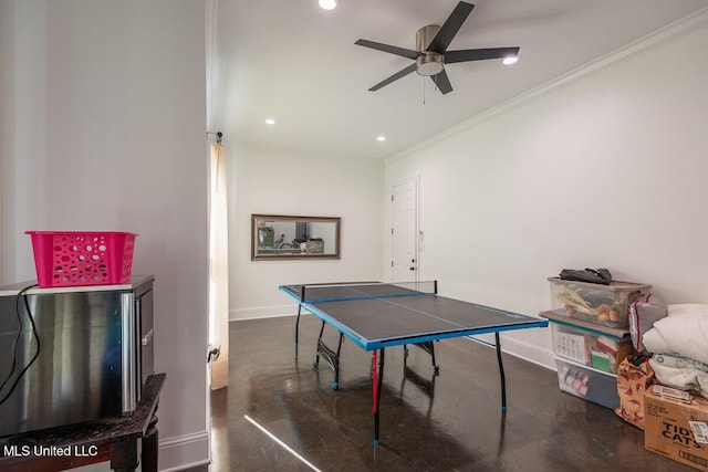 29 Club Dr, Natchez, MS 39120 - playroom with crown molding, recessed lighting, baseboards, finished concrete floors, and a ceiling fan