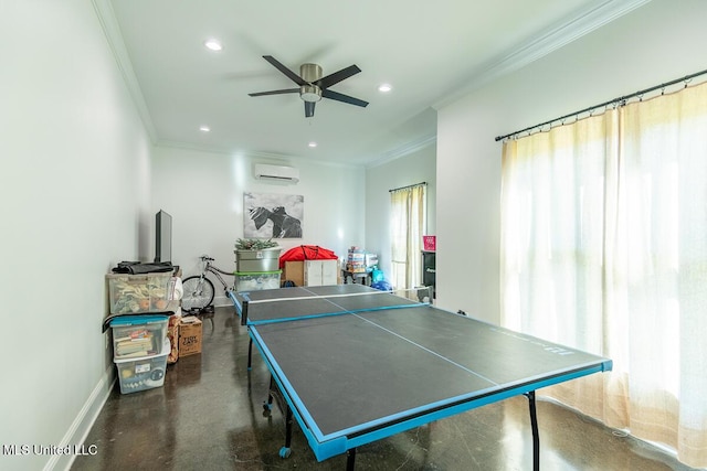 29 Club Dr, Natchez, MS 39120 - recreation room featuring a wall mounted AC, ornamental molding, baseboards, ceiling fan, and recessed lighting