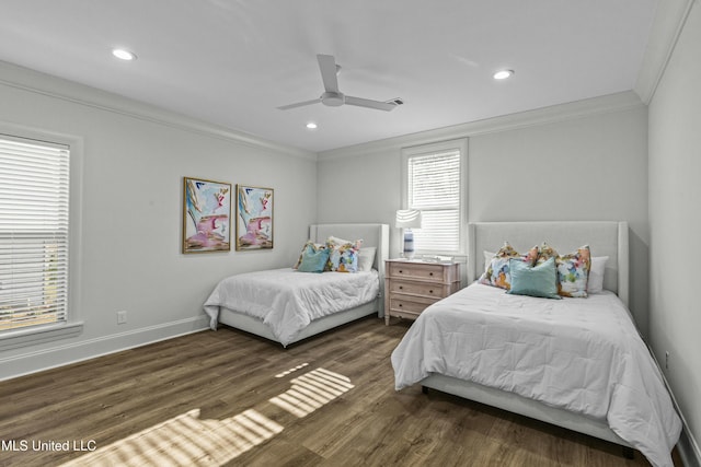 bedroom with crown molding, ceiling fan, baseboards, recessed lighting, and wood finished floors