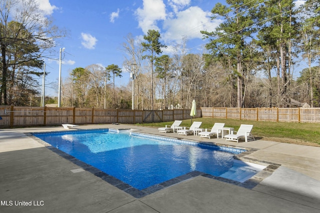 view of swimming pool with a fenced backyard, a fenced in pool, a patio, and a diving board