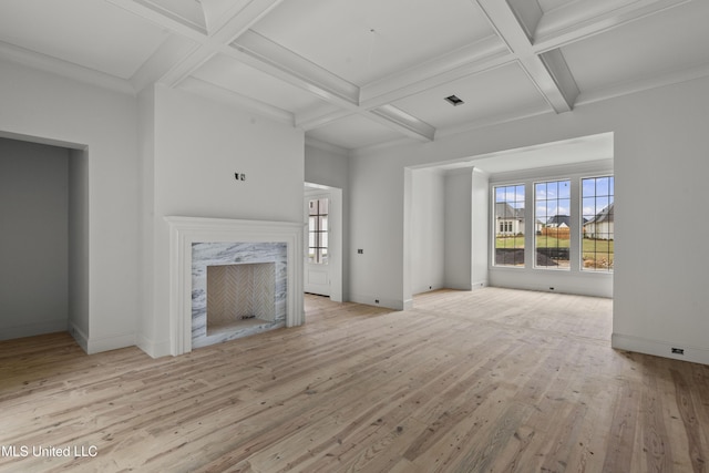 230 Parke Dr, Ridgeland, MS 39157 - unfurnished living room featuring coffered ceiling, wood finished floors, and beam ceiling