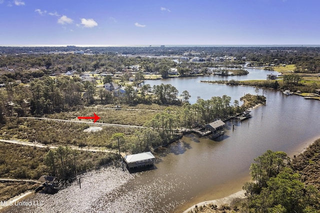 drone / aerial view featuring a water view
