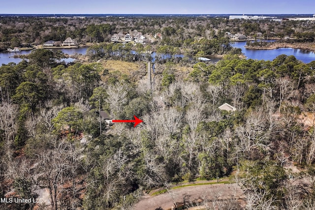 aerial view featuring a view of trees and a water view
