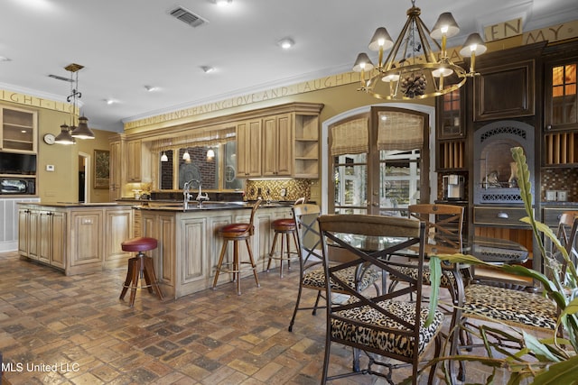 kitchen with dark countertops, visible vents, crown molding, french doors, and open shelves