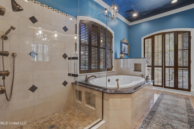 bathroom with visible vents, ornamental molding, recessed lighting, a shower stall, and a bath
