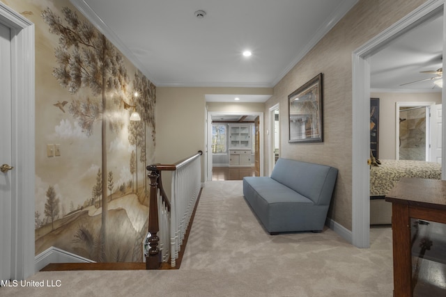 hallway featuring baseboards, carpet floors, an upstairs landing, ornamental molding, and recessed lighting