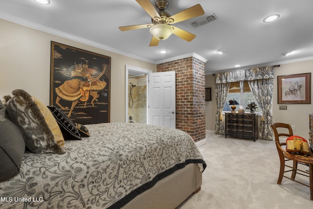 bedroom with visible vents, recessed lighting, carpet floors, and ornamental molding