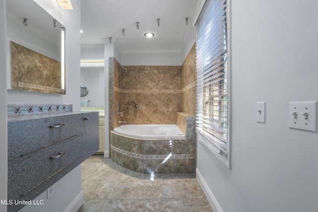 full bath featuring vanity, baseboards, a tub, a tile shower, and crown molding