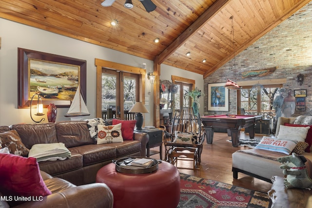 living area featuring high vaulted ceiling, hardwood / wood-style floors, french doors, wooden ceiling, and pool table