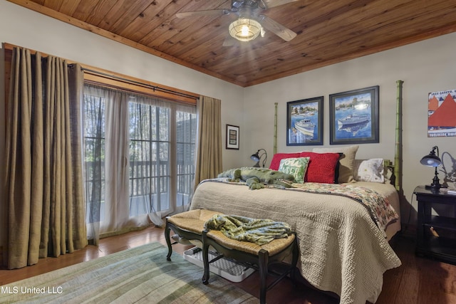 bedroom with wood ceiling, a ceiling fan, and wood finished floors