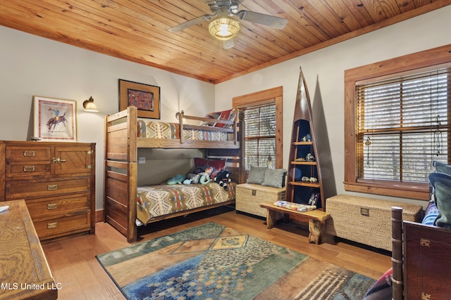 bedroom featuring ornamental molding, wood ceiling, and wood finished floors