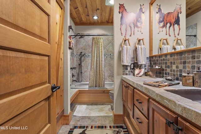 full bath with backsplash, wood ceiling, toilet, shower / bath combination with curtain, and vanity